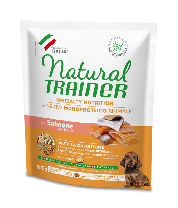 Natural Trainer Sensitive No Gluten Puppy e Junior Small e Toy con Salmone e Cereali Integrali