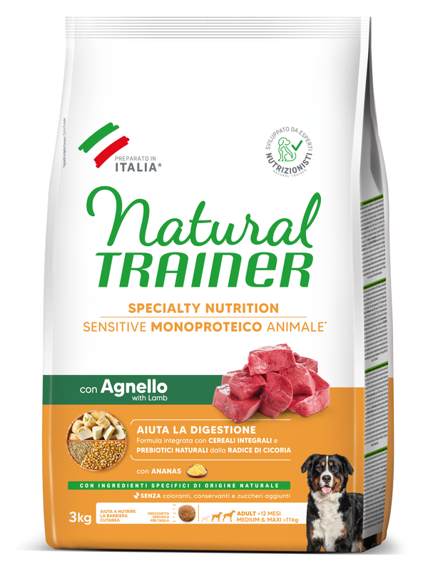 Natural Trainer Sensitive No Gluten Adult Medium Maxi con Agnello e Cereali Integrali