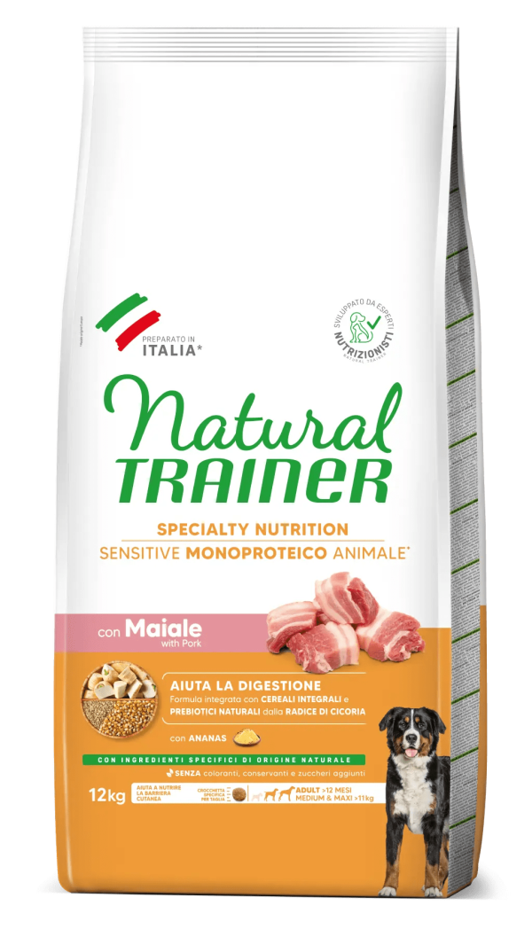 Natural Trainer Sensitive No Gluten Adult Medium Maxi con Maiale e Cereali Integrali