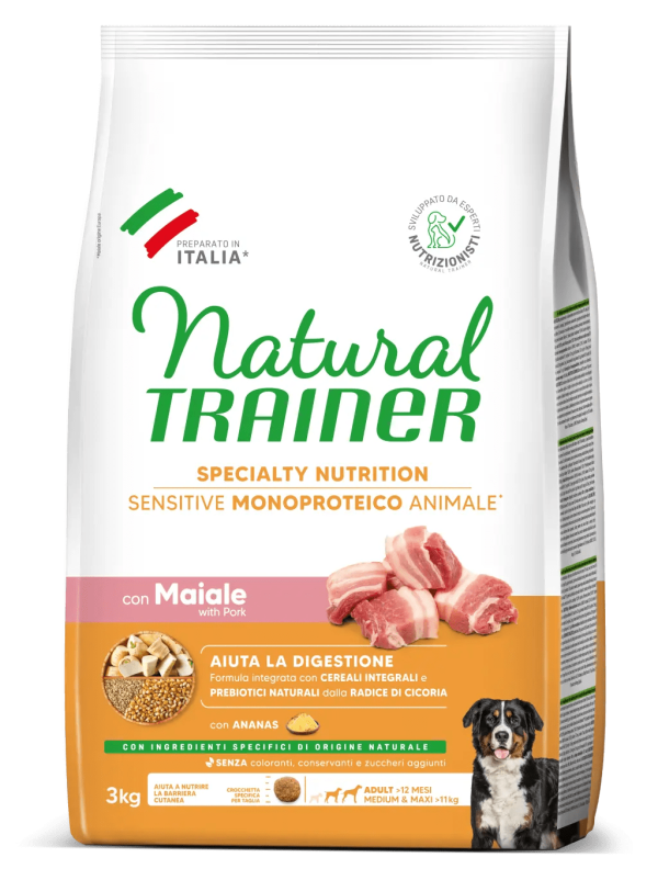 Natural Trainer Sensitive No Gluten Adult Medium Maxi con Maiale e Cereali Integrali