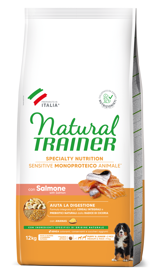 Natural Trainer Sensitive No Gluten Puppy e Junior Medium Maxi con Salmone e Cereali Integrali
