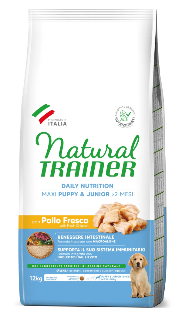 Natural Trainer Puppy e Junior Maxi con Pollo Fresco e Riso
