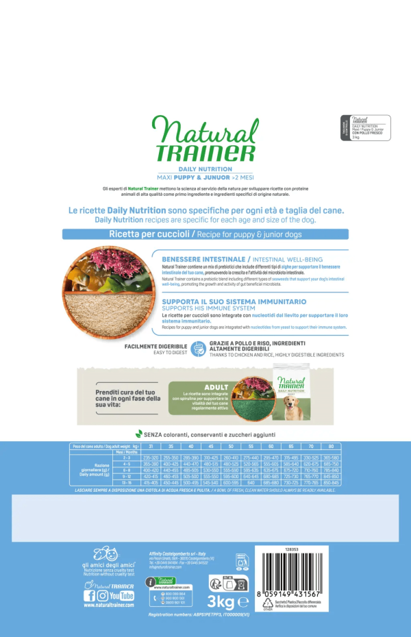 Natural Trainer Puppy e Junior Maxi con Pollo Fresco e Riso