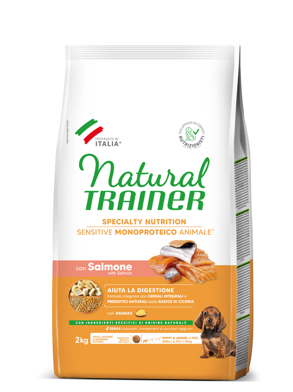 Natural Trainer Sensitive No Gluten Puppy e Junior Small e Toy con Salmone e Cereali Integrali