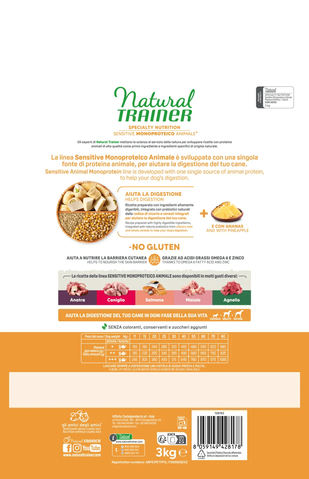 Natural Trainer Sensitive No Gluten Adult Medium Maxi con Uovo e Cereali Integrali