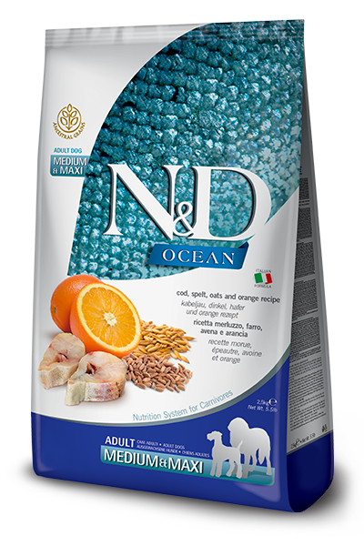 N&D Ocean Adult Medium/Maxi Merluzzo, Farro, Avena e Arancia