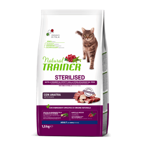 Natural Trainer Cat Dry Adult Sterilised con Anatra e Fibra di Pisello