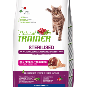 Natural Trainer Cat Dry Adult Sterilised con Prosciutto Crudo e Fibra di Pisello