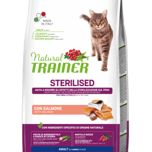 Natural Trainer Cat Dry Adult Sterilised con Salmone e Fibre di Pisello