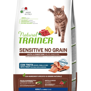 Natural Trainer Cat Dry Adult Sensitive No Gluten con Trota, Patate, Piselli e Ceci