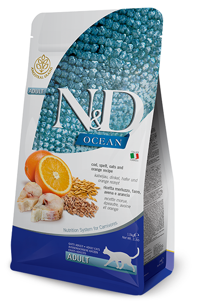 N&D Ocean Cat Merluzzo, Farro, Avena e Arancia Adult